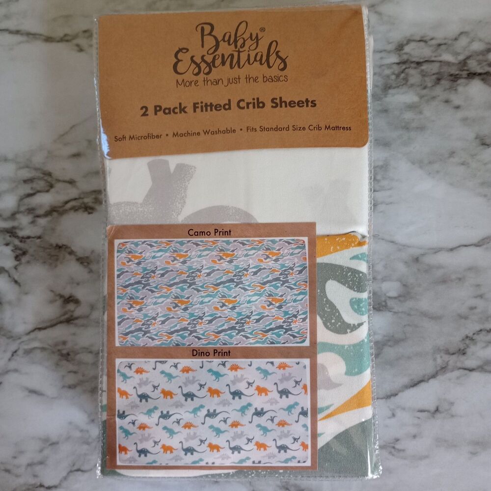 NWT Baby Essentials 2 Pack Fitted Crib Sheets Camo/Dino Print